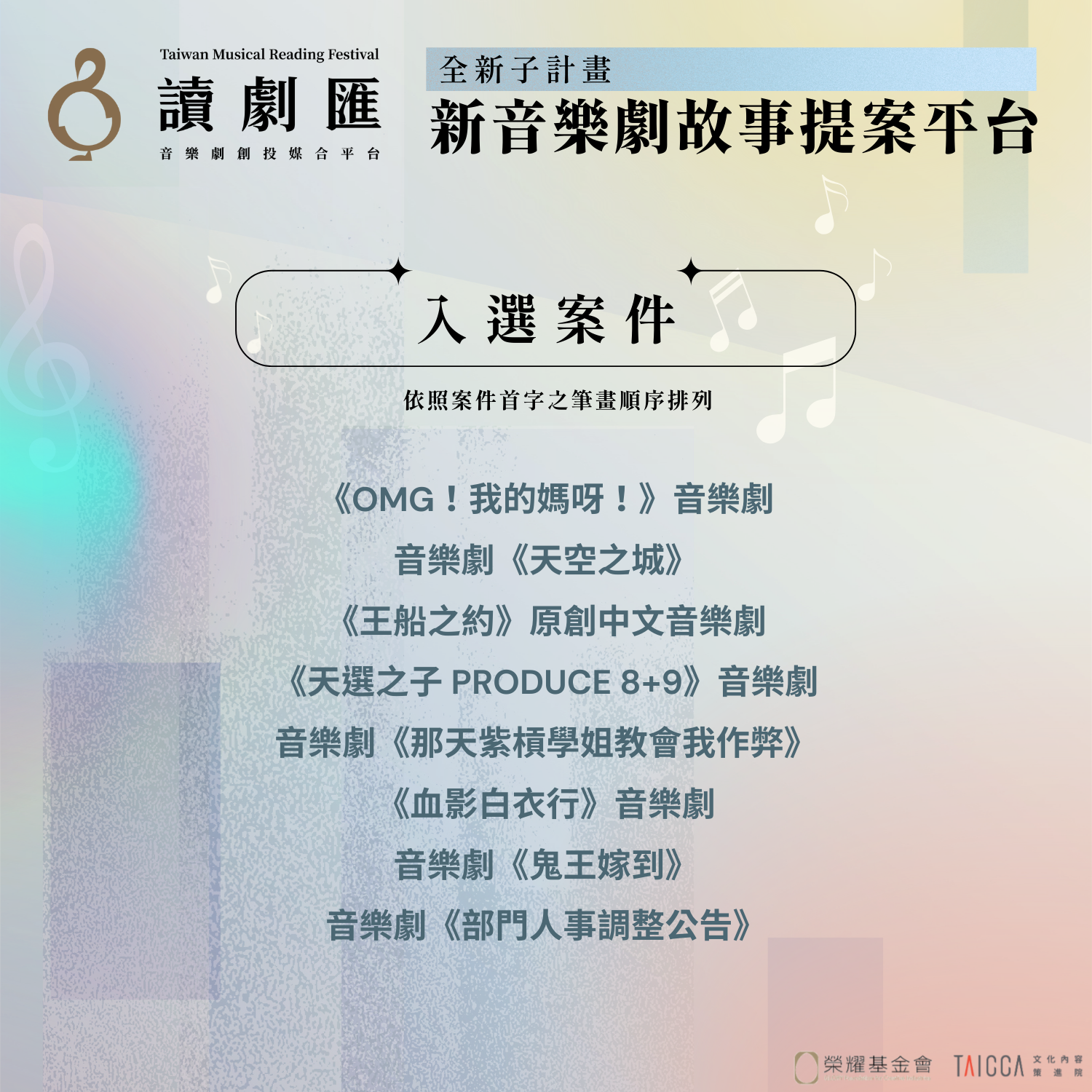 第二屆〖讀劇匯 TMRF〗全新子計畫 #新音樂劇故事提案平台 入選案件